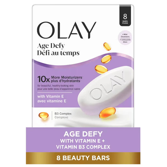 Olay Age Defying Bar Soap with Vitamin E and Vitamin B3 Complex Beauty Bars, 8 count front package