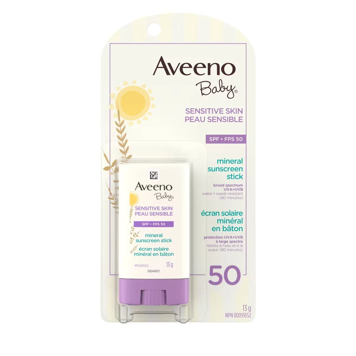 Aveeno Baby Mineral Sunscreen Stick For Sensitive Skin, SPF50 front package