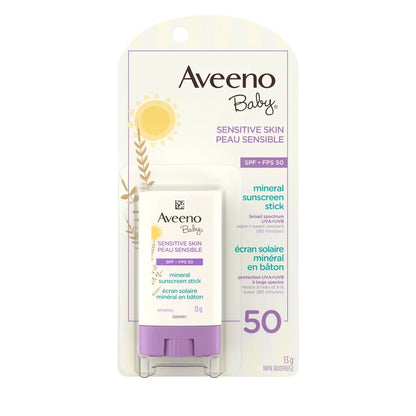 Aveeno Baby Mineral Sunscreen Stick For Sensitive Skin, SPF50 front package