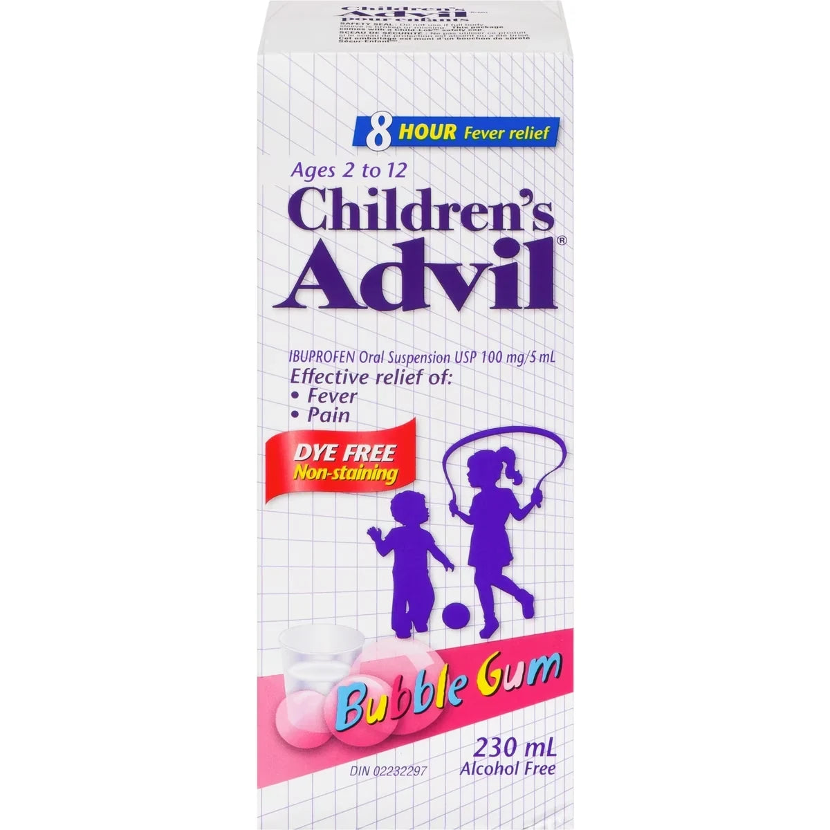 Advil Children's Ibuprofen Oral Suspension, Dye Free, Bubble Gum, 230 mL product package