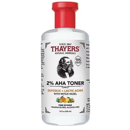 Thayers 2% AHA Exfoliating Toner with Glycolic Acid, Lactic Acid and Witch Hazel, Smoothing and Pore Refining product package