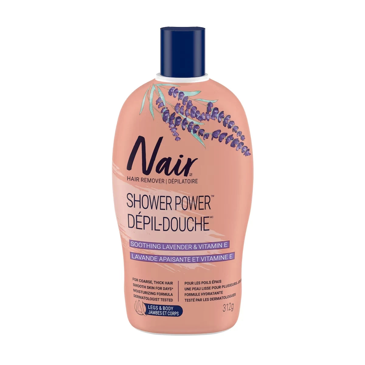 Nair Shower Power Max Hair Remover for Coarse Hair on Legs and Body with Soothing Lavender and Vitamin E front package