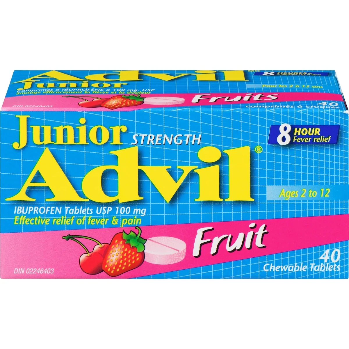 Advil Junior Strength Pain Reliever and Fever Reducer Ibuprofen Chewable Tablets, Fruit, 40 Count front package