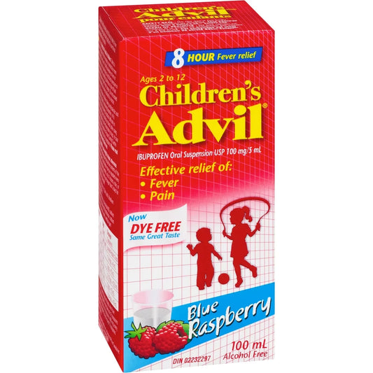 Advil Children's Fever and Pain Relief Ibuprofen Oral Suspension, Dye Free, Blue Raspberry, 100 mL product detail