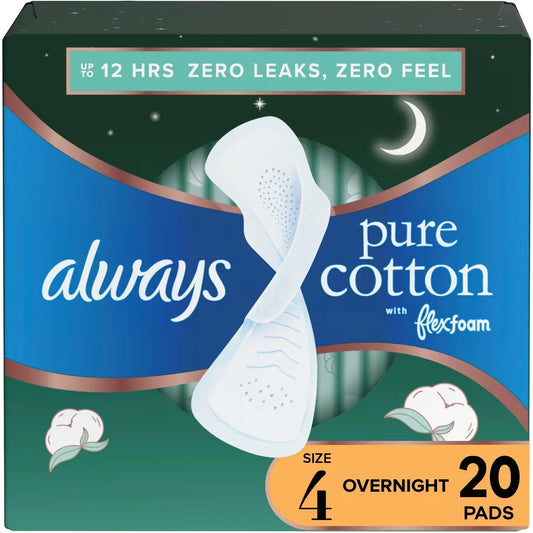 Always Pure Cotton with FlexFoam Pads for Women Size 4 Overnight Absorbency, 20 Count front package