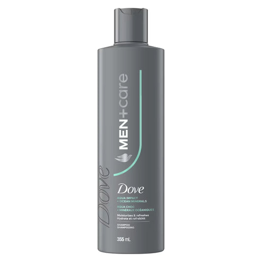 Dove Men+Care Aqua Impact Shampoo to Hydrate & Moisturize, with Ocean Minerals front package