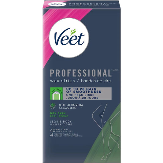Veet ProfessionalTM Wax Strips, For Legs & Body, Dry Skin, With Aloe Vera front package