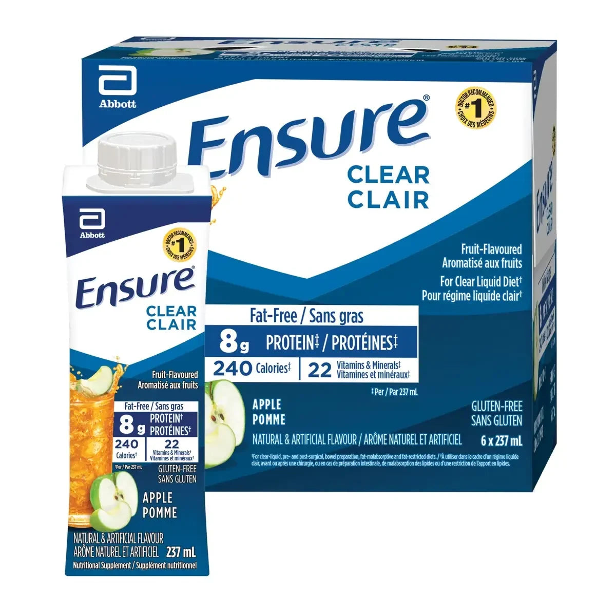 Ensure Clear Liquid Nutrition Drink, Apple, 6 × 237 mL Bottles product package
