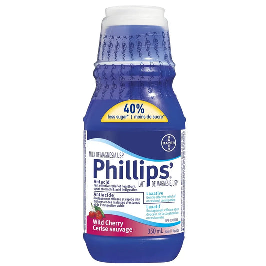Phillips Milk of Magnesia Cherry, Constipation Relief, Cramp Free, Stimulant-Free, Saline Laxative, 350 mL product package
