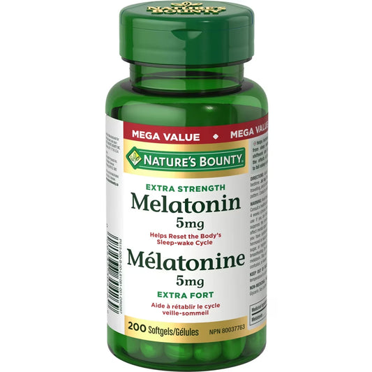 Natures Bounty Melatonin 5 mg Helps Reset The Body's Sleep-Wake Cycle Value Sized 200 Softgels product package