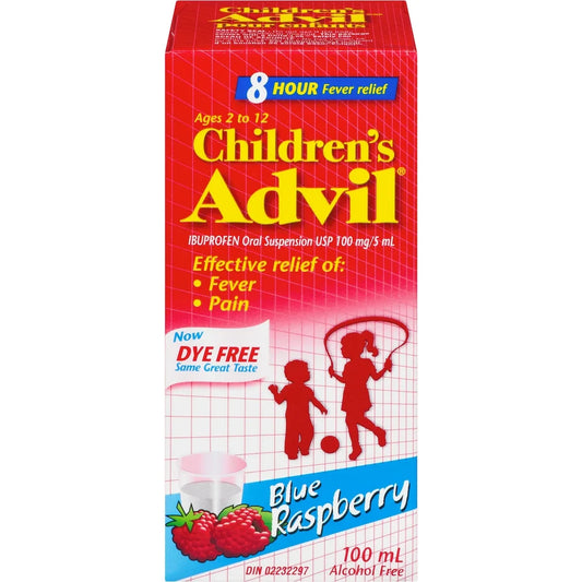 Advil Children's Fever and Pain Relief Ibuprofen Oral Suspension, Dye Free, Blue Raspberry, 100 mL front package