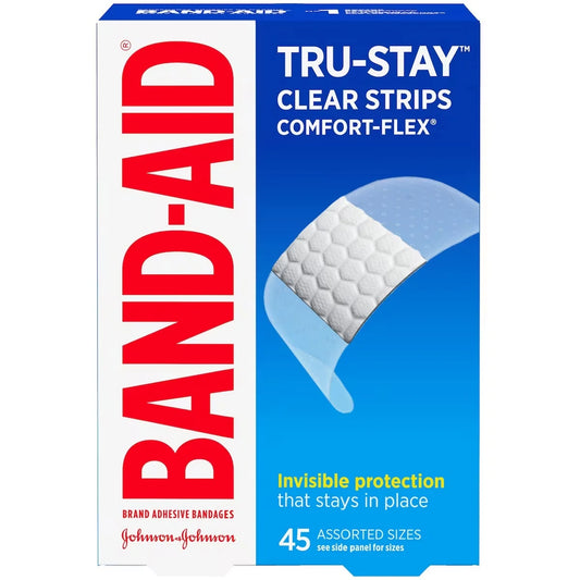 Band-Aid Brand Tru-StayTM Clear Strips Comfort-FlexBandages, Assorted Sizes, 45 Count front package