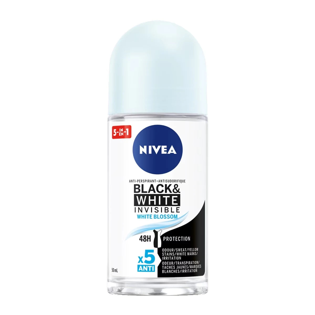 Nivea Black & White Invisible Roll-On 72-Hr Antiperspirant Deodorant, White Blossom, 50 mL product package