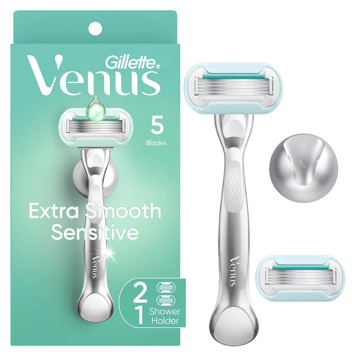 Venus Extra Smooth Sensitive Women's Razor with Reusable Razor Handle, 2 Razor Blade Refills and Shower Holder front package