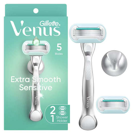 Venus Extra Smooth Sensitive Women's Razor with Reusable Razor Handle, 2 Razor Blade Refills and Shower Holder front package