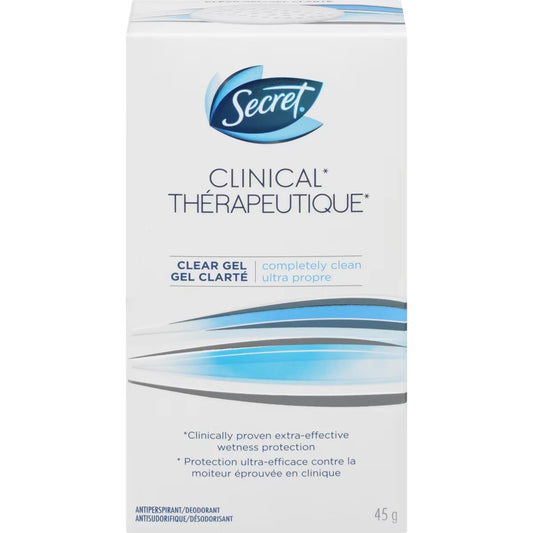 Secret Clinical Antiperspirant and Deodorant Clear Gel, Completely Clean, 45g front package