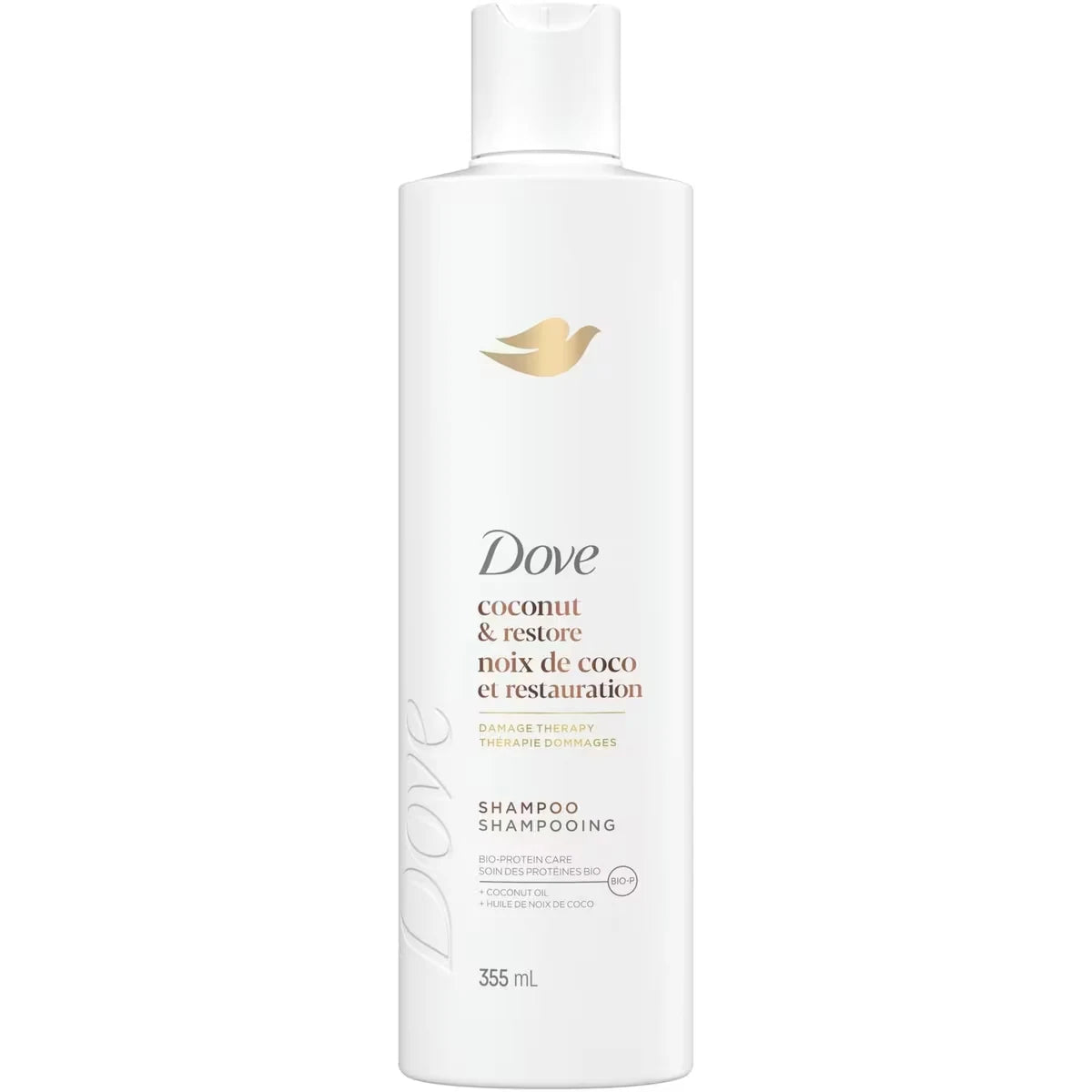 Dove Coconut Oil & Restore Shampoo for Damaged Hair, with Liquid Bio-Protein Care, 355 ML front package
