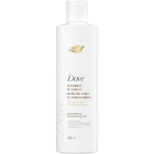 Dove Coconut Oil & Restore Shampoo for Damaged Hair, with Liquid Bio-Protein Care, 355 ML front package