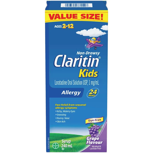 Claritin Kids, Allergy Medicine, 24-Hour Non-Drowsy Relief Syrup, Grape Flavour, 240 mL front package