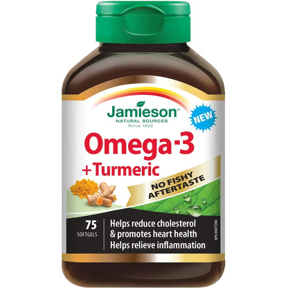 Jamieson No Fishy Aftertaste Omega-3 + Turmeric front package
