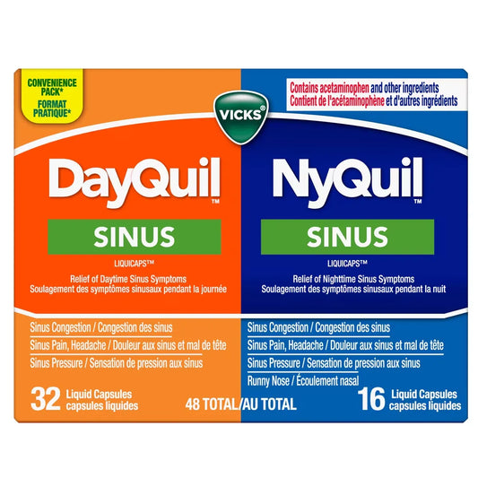 Vicks DayQuil Sinus Liquid Capsules + NyQuil Sinus Liquid Capsules, Total 48 Count front package
