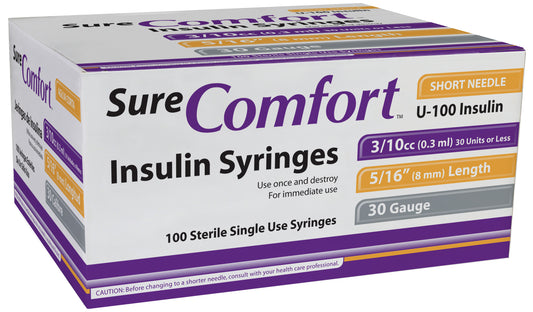 Allison Medical Sure Comfort Insulin Syringe, 30g, 5/16in (8 mm), 3/10cc - Box of 100