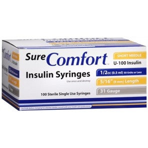 Allison Medical Sure Comfort Insulin Syringe, 30g, 5/16in (8mm), 1/2cc 22-6005 — Box of 100 — product image