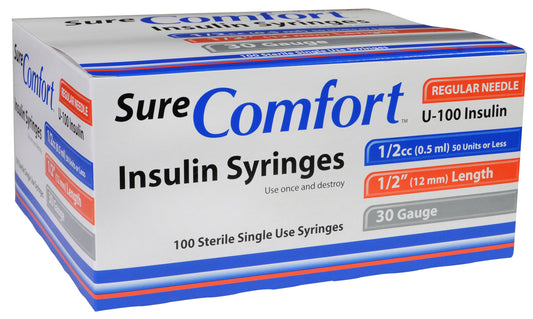 Allison Medical Sure Comfort Insulin Syringe, 30g, 1/2in (12 mm), 1/2cc - Box of 100