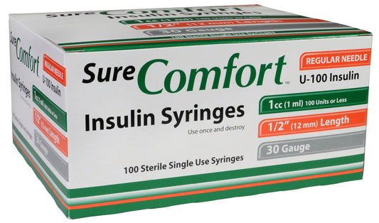 Allison Medical Sure Comfort Insulin Syringe, 30g, 1/2in (12 mm), 1cc - Box of 100