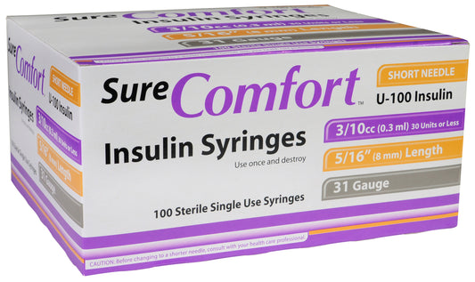 Allison Medical Sure Comfort Insulin Syringe, 31g, 5/16in (8 mm), 3/10cc, 1/2 Unit - Box of 100