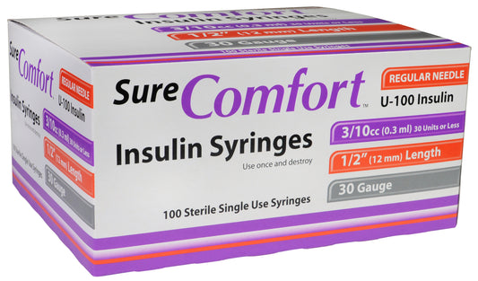 Allison Medical Sure Comfort Insulin Syringe, 29g, 1/2in (12 mm), 3/10cc - Box of 100