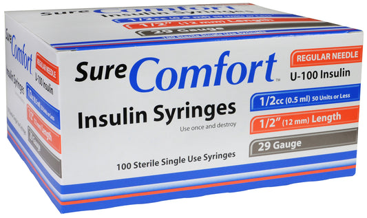 Allison Medical Sure Comfort Insulin Syringe, 29g, 1/2in (12 mm), 1/2cc - Box of 100