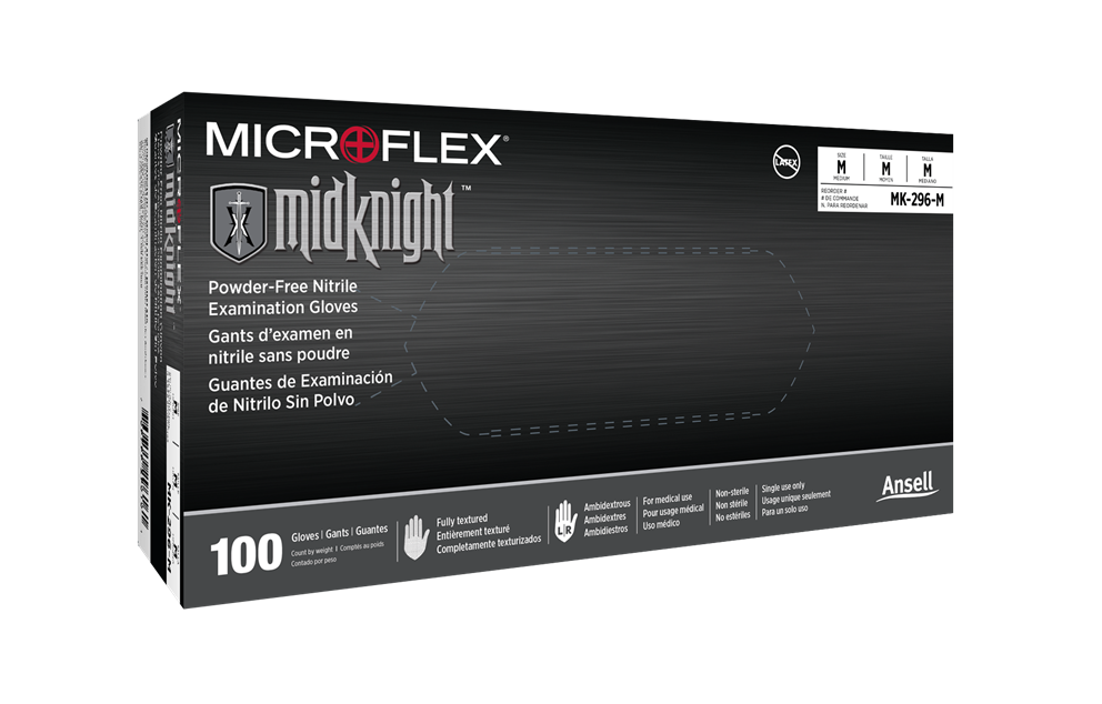 Ansell Midknight Black Nitrile Gloves x-Small 4.7mil, 9.6" Cuff - Box of 100