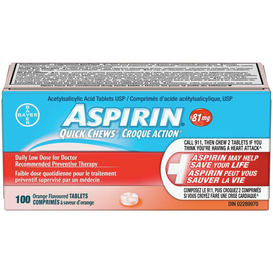 Aspirin 81Mg, Daily Low Dose Quick Chews, Orange Flavour, 100 Tablets