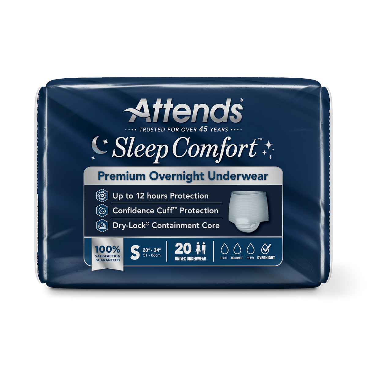 Attends 52637 Sleep Comfort Premium Overnight Underwear - Small (20”-34“) - 4 Bags Of 20