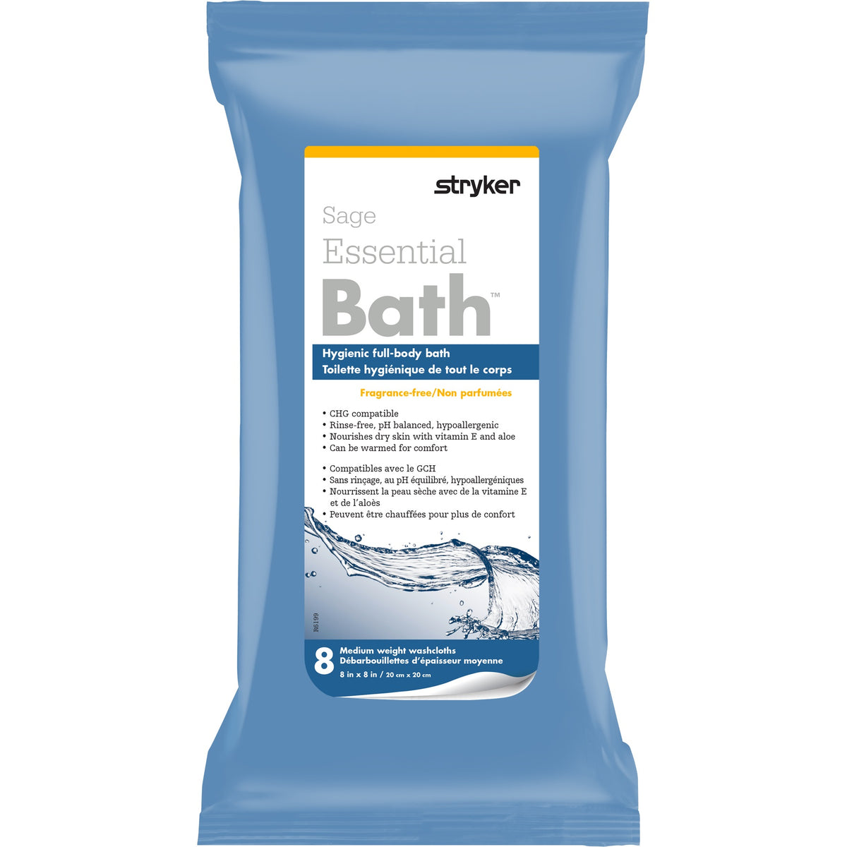 Sage Essential Bath Body Washcloth With Vitamin E & Aloe 8" x 8" Fragrance-Free Rinse-Free Hypo - Pack of 8