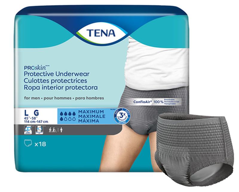 Tena Cs/4pkg (18/Pkg) Tena Proskin Underwear For Men, Maximum Absorbency,Grey, Size Large 114-147 cm