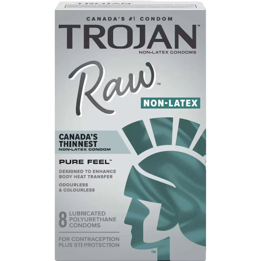 Trojan Raw Non-Latex Lubricated Pure Feel Condoms, Canada's Thinnest Non-Latex Condom 8 Count product package