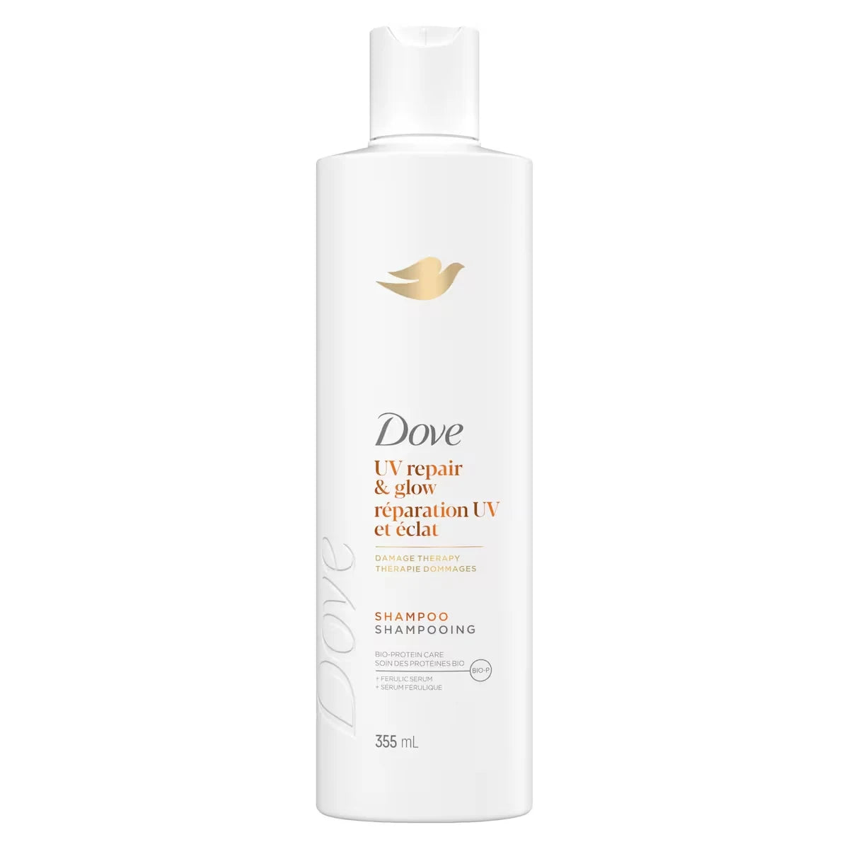 Dove Damage Therapy Shampoo Repairs 99% of UV hair damage* UV Repair & Glow with Ferulic Serum 355mL front package