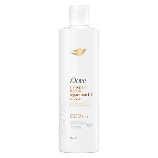 Dove Damage Therapy Shampoo Repairs 99% of UV hair damage* UV Repair & Glow with Ferulic Serum 355mL front package