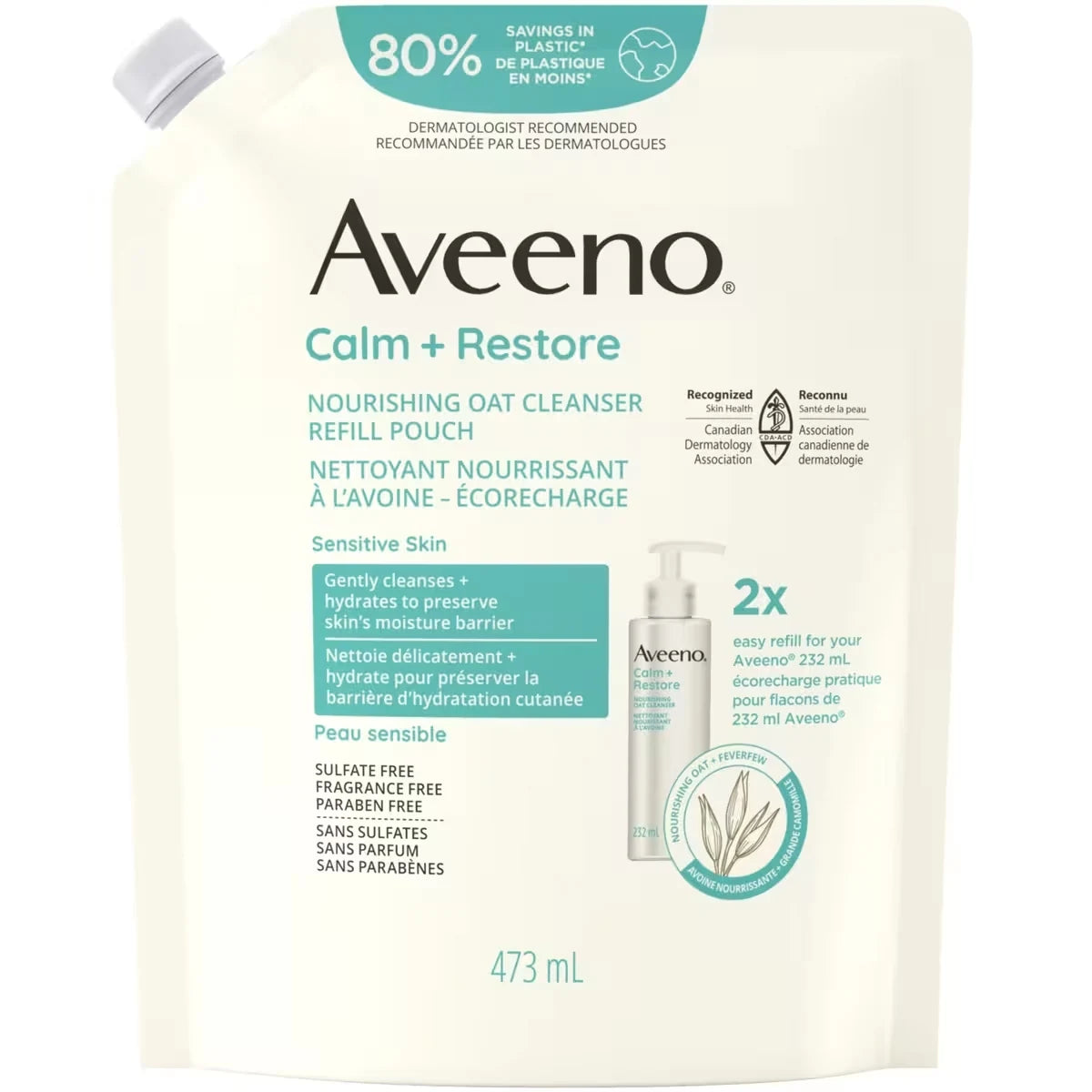 Aveeno Calm+Restore Nourishing Oat Cleanser Refill Pouch front package