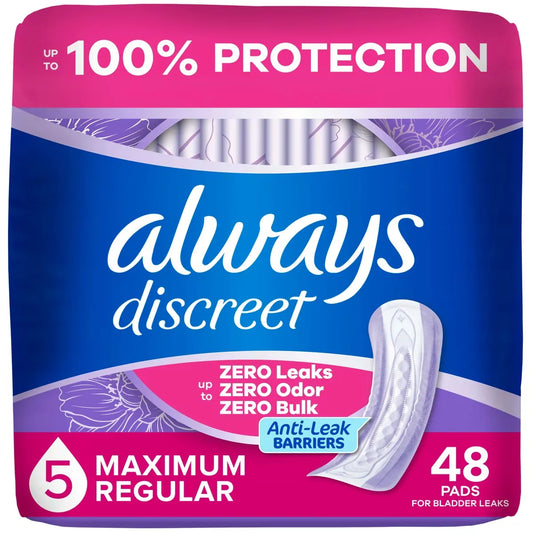 Always Adult Incontinence Pads for Women, Maximum Absorbency, Regular Length, Postpartum Pads, 48 CT 48 count front package