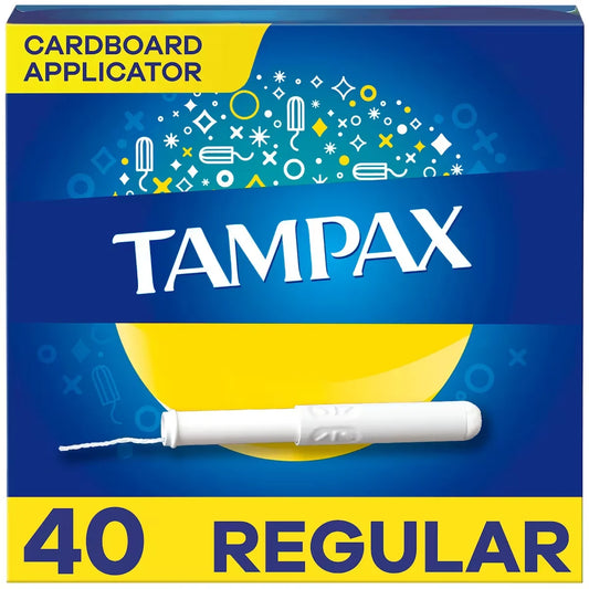 Tampax Cardboard Tampons Regular Absorbency, Anti-Slip Grip, LeakGuard Skirt, Unscented, 40 Count front package