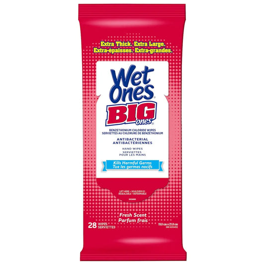 Wet Ones Big Ones Antibacterial Wipes, Fresh Scent 28 Wipes, Travel Pack front package