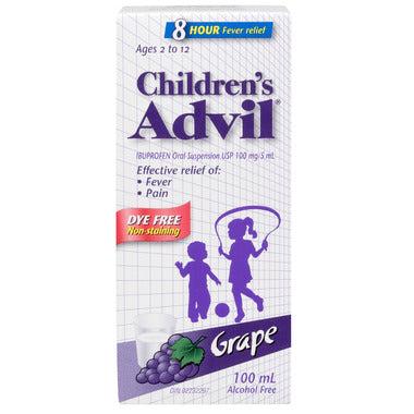 Advil Children's Fever and Pain Relief Ibuprofen Oral Suspension, Dye Free, Grape, 100 mL