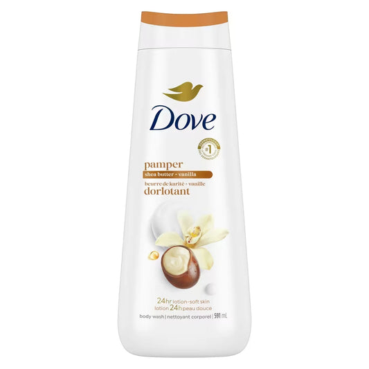 Dove Pampering Body Wash for renewed, healthy-looking skin Shea Butter & Vanilla gentle body cleanser leaves skin soft front package
