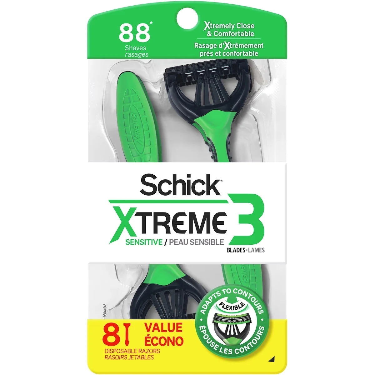 Xtreme 3 Schick Sensitive 3 Blade Disposable Razors for Men, 8 ct front package