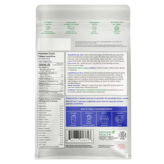 Genuine Health fermented organic vegan proteins+ chocolate 10 serve gusset bag product detail