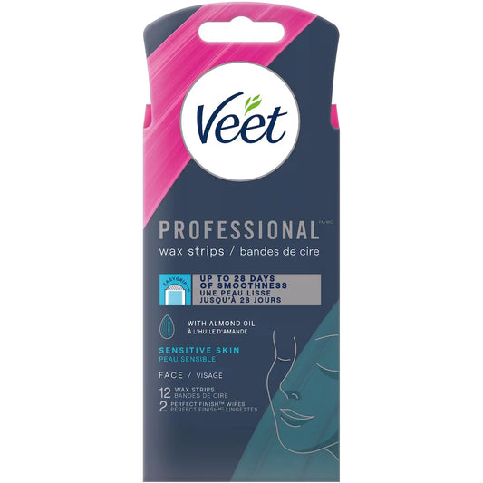 Veet ProfessionalTM Wax Strips, For Face, Sensitive Skin, With Almond Oil front package