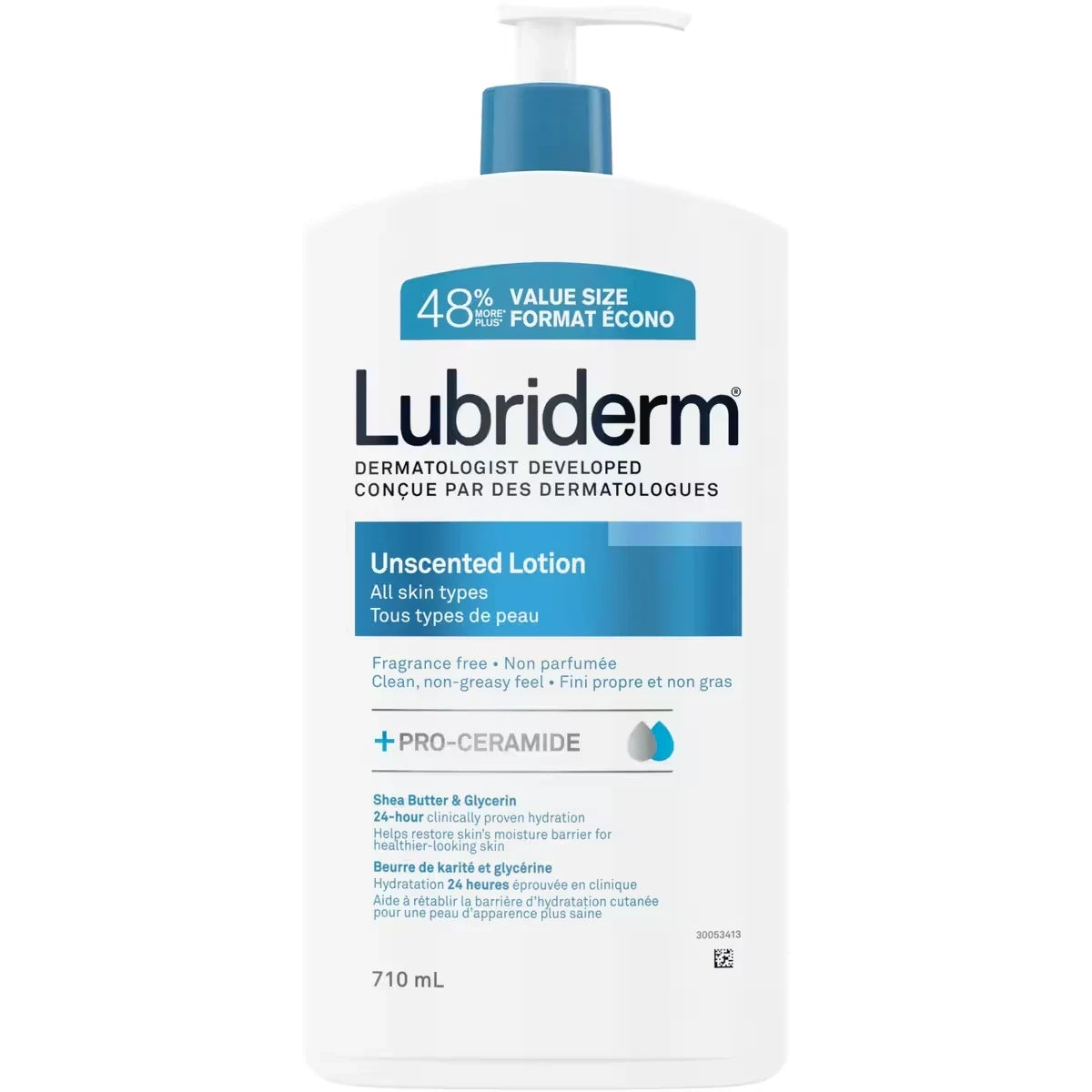 Lubriderm Unscented Lotion, Shea Butter and Glycerin, Dry Skin, Hand, Face Moisturizer, Fragrance Free product package